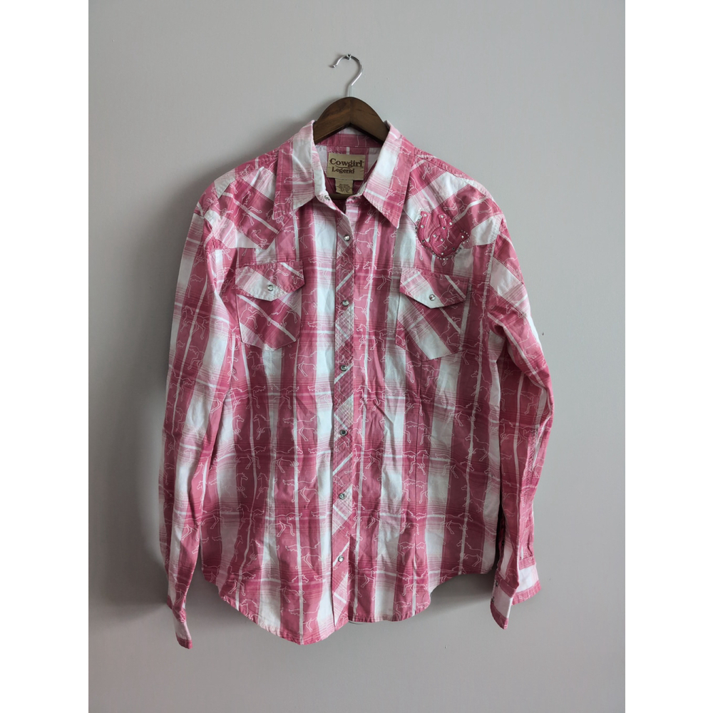 Vintage Cowgirl Legend Pink Plaid Snap Down Shirt women size XL Dainty Embroider